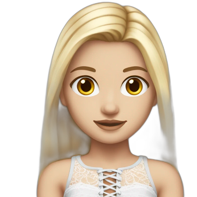 realistic caucasian female, long straight blonde hair, white lace up crop top, grey mini skirt, body view emoji