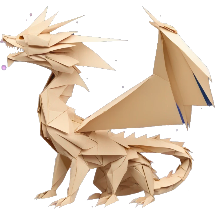 Beige Origami dragon made of newspapers on fire, surrounded by fairy lights nebula galaxy stars swirls iridescent covered in dried flowers bokeh library emoji