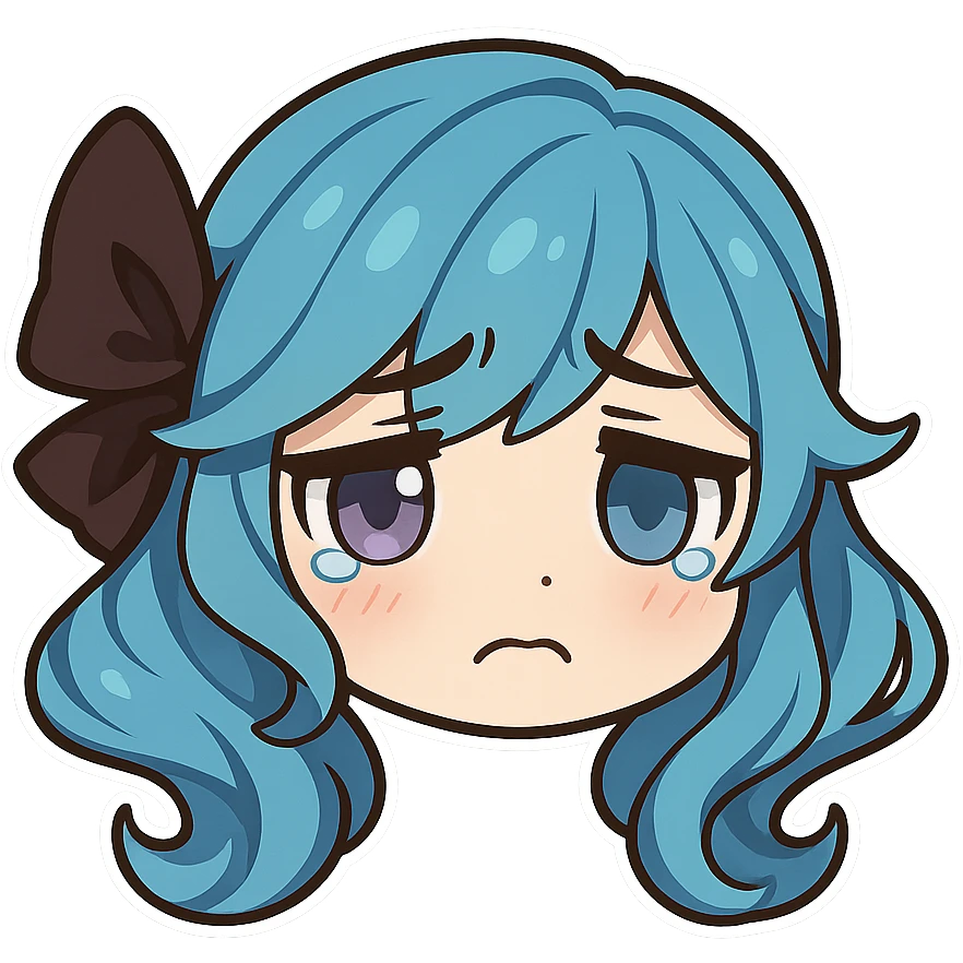 Gwen from League of Legends, chibi style, only head, borderless, right eye purple, both eyes same size, sad emote 2 emoji
