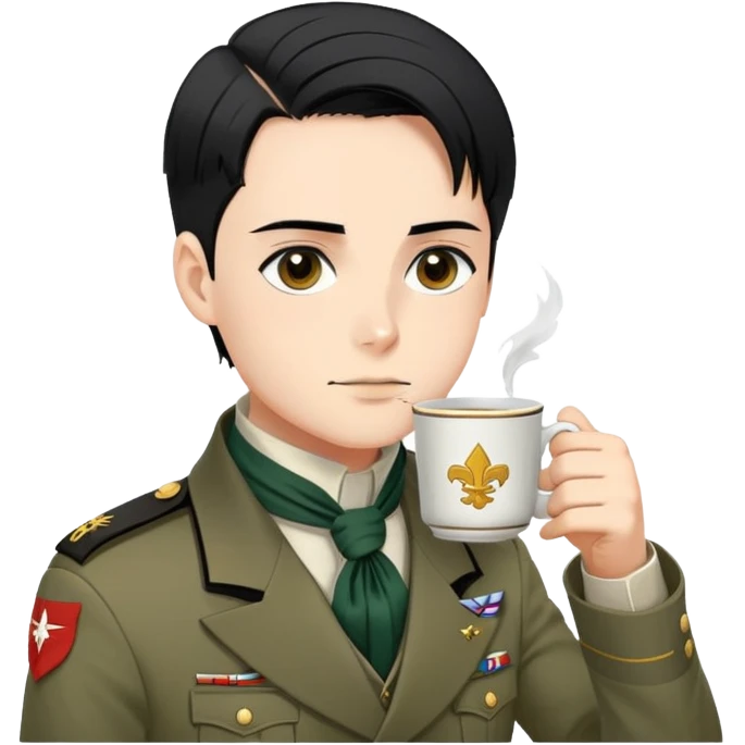 Levi Ackerman drinking tea, with black undercut hair, Scout Regiment uniform and cravat emoji