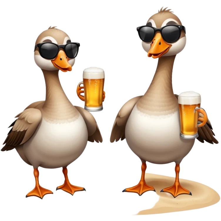 Two geese sunbathing on the beach wearing sunglasses drinking beers. You can tell they’re on the beach by the ocean  emoji