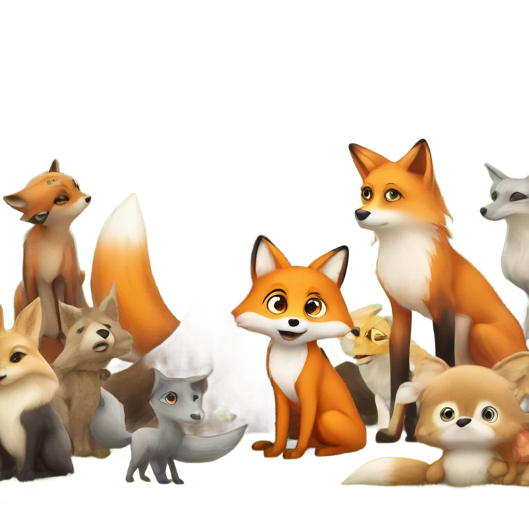A cute orange fox with big eyes sitting under a tree, surronded by animal friends looking shy as others talk emoji