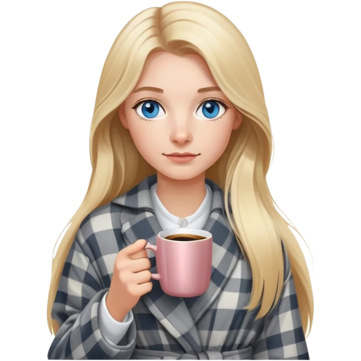 girl
blue eyes
long blond hair
wearing grey plaid housecoat
holding a white mug of coffee
wearing rose gold apple watch  emoji