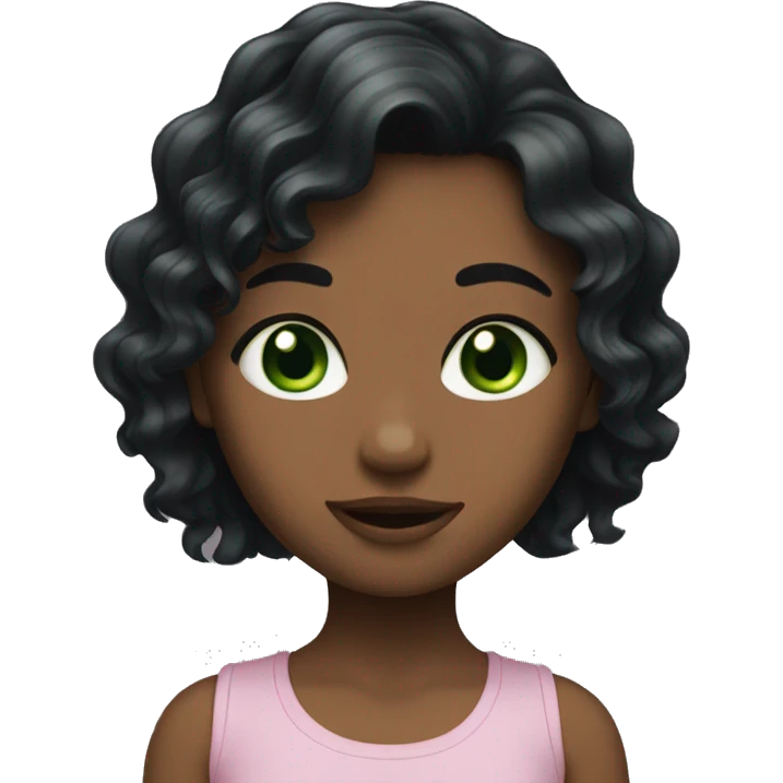 Girl with blackwavy hair, green eyes, emoji