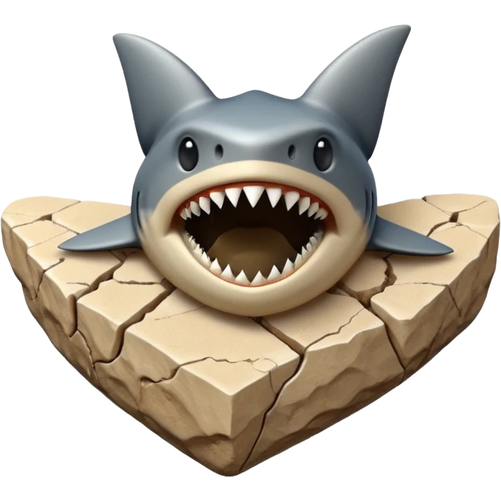 3D render of Shark Tooth, embedded in a chunk of rough sedimentary rock, cracked stone texture, ancient fossil aesthetic, shiny black enamel tooth embedded in beige sand, matte dry finish, Apple emoji style, isolated on white background --v 6.0, only shark teeth emoji