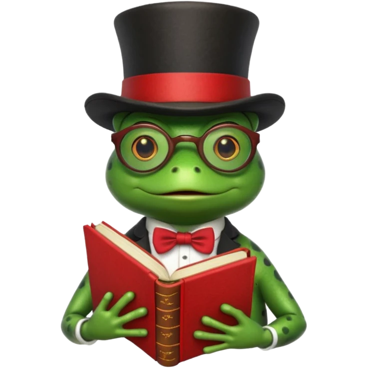 frog wearing top hat with glasses and red book emoji