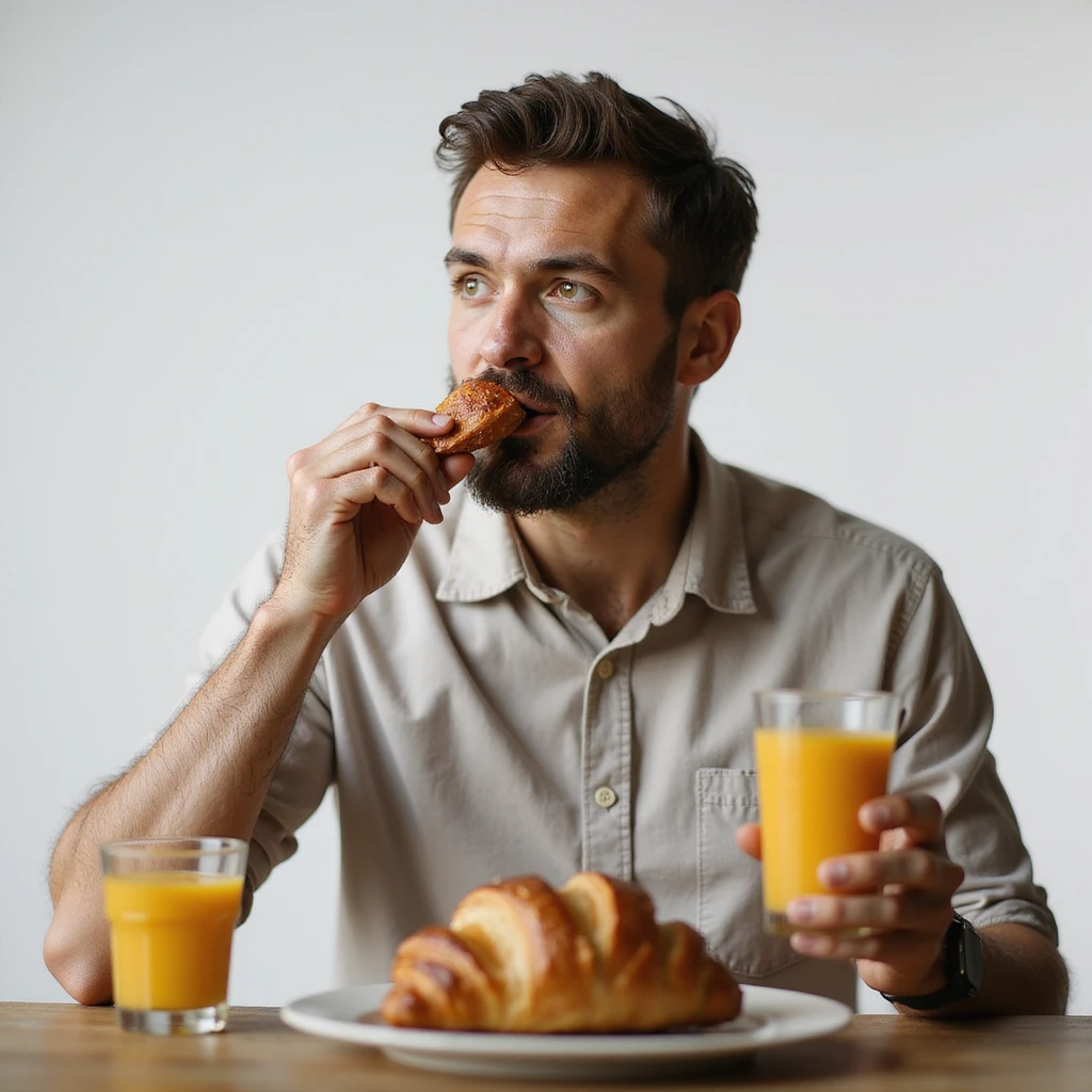 hyperrealistic 4K man isolated on white background having breakfast, eating a croissant and sipping orange juice, natural pose, realistic details, variant 8 emoji