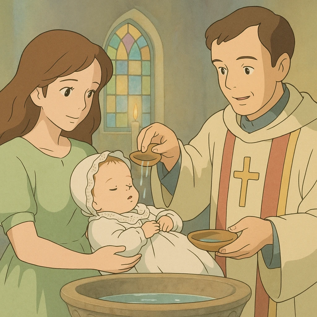 Christian baptism scene, gentle pastel colors, ghibli style emoji
