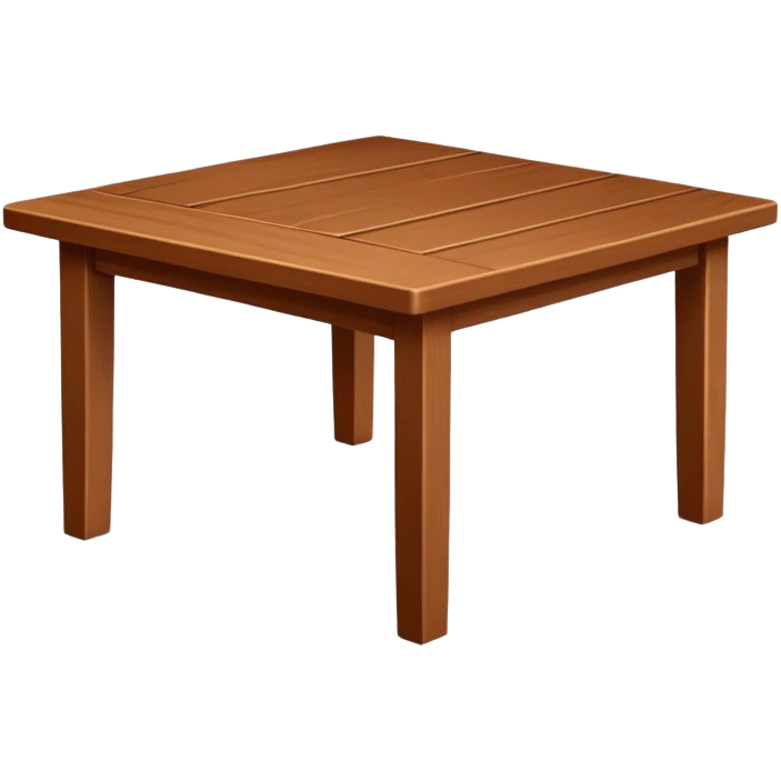 Generate a 3D wooden table in the same style as the referenced chair image: warm brown wood, subtly textured, slightly angled perspective, clean edges, realistic but minimal shading, on a transparent or plain white background. Keep the design simple and clearly readable at small sizes, similar to an emoji. emoji