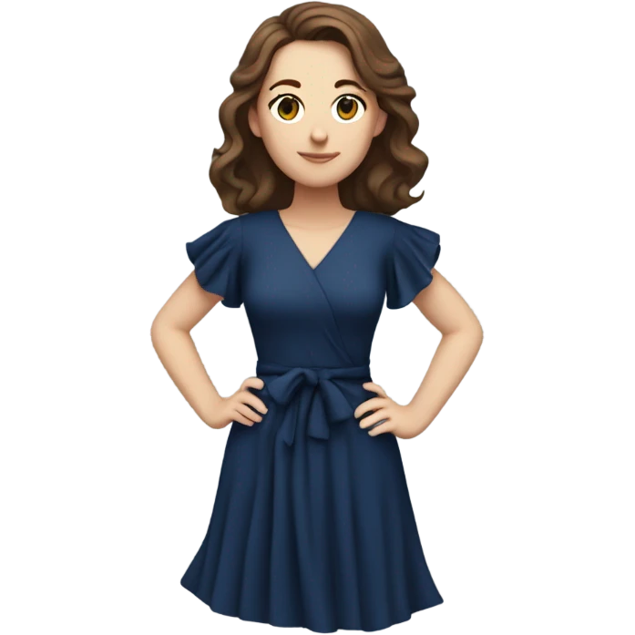 White girl with brown hair dark blue ruffle sleeve wrap dress full body hands on hips emoji