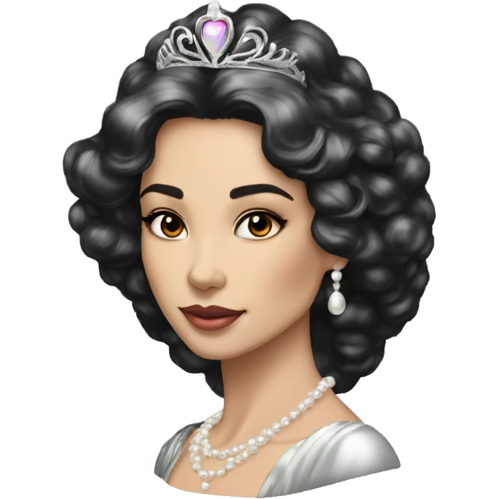 Regal pretty woman cheekbones crown vintage with very long iridescent black and silver hair wavy black hair pearl crown iridescent emoji