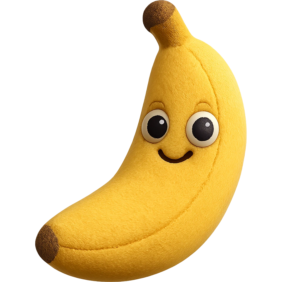 A smiling plush banana with expressive eyes and soft fabric texture. The banana has a gentle curve and subtle stitching details. emoji