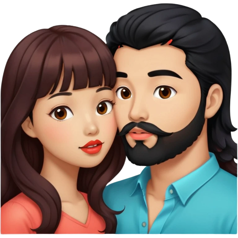 handsome asian man with black hair and beard, kissing cute tan skin woman with long wavy reddish brown hair with bangs and coral lipstick emoji