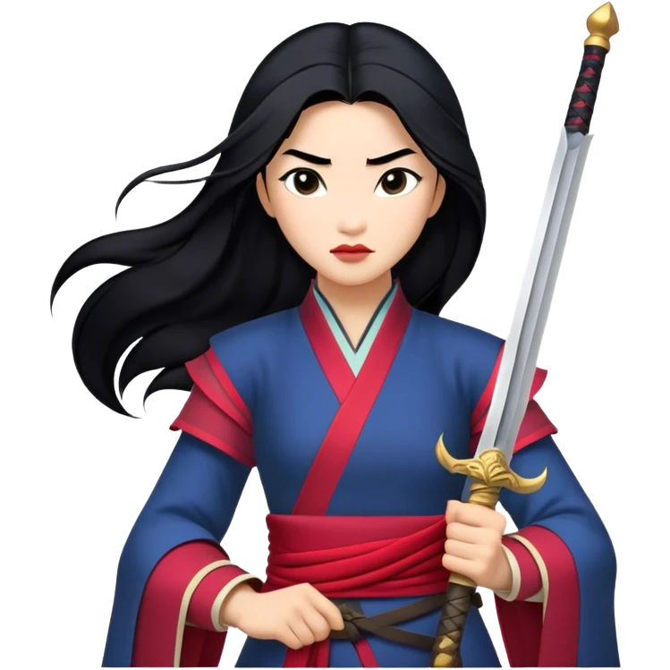 Cinematic Realistic Mulan Portrait, depicted with lifelike skin texture, soft natural lighting, and intricately detailed long black hair styled elegantly. Her deep, expressive eyes exude determination and grace, complemented by a serene yet confident expression. She stands with one hand resting on the hilt of her sword, the other by her side, exuding strength and poise. She is dressed in her classic attire, with rich fabric textures and delicate folds that catch the light beautifully. The portrait features a soft, enchanting glow with a natural, radiant finish, capturing the essence of timeless strength and beauty in a realistic and painterly style, evoking a sense of depth and authenticity. emoji