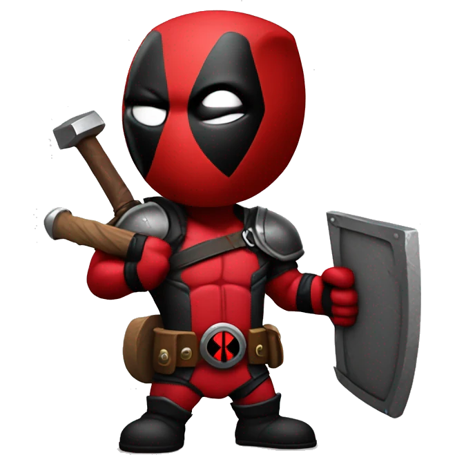 Deadpool holding Viking shield and a hammer emoji