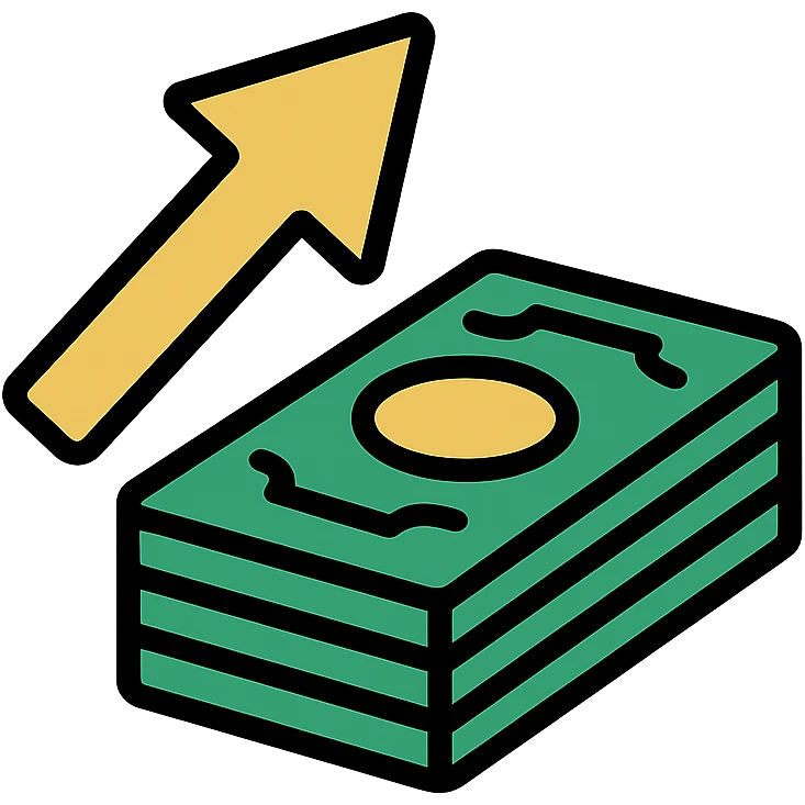 gold arrow and a stack of green money, playful, eye-catching, suitable for digital use, icon style emoji