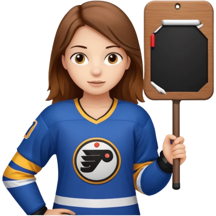 Girl sharks hockey fan with brown long hair holding a large blank sign emoji