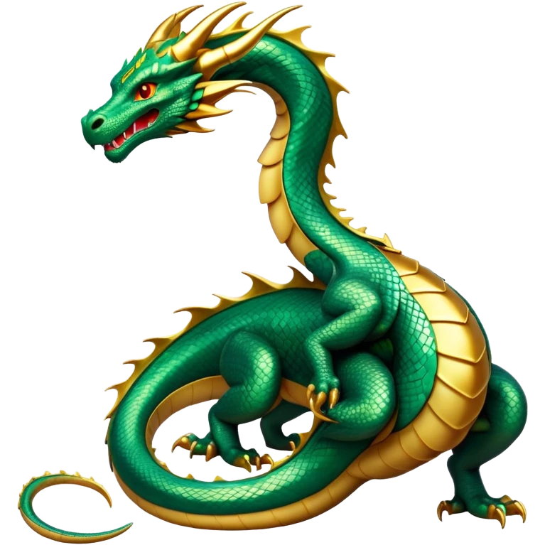 cinematic-noble-dragon-full body-emoji,-poised-and-majestic,-with-a-sinuous,-elongated-build-and-shimmering,-scale-covered-skin-in-hues-of-emerald-and-gold,-piercing,-fiery-eyes,-simplified-yet-sharp-and-sophisticated-features,-highly-detailed, zoomed out showing the serpentine body emoji