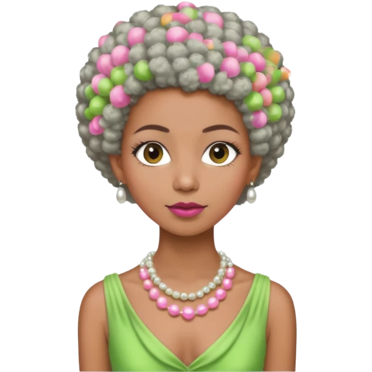 Brown woman with very short stylish gray Afro  wearing pink and green dress  and pearl necklace  emoji