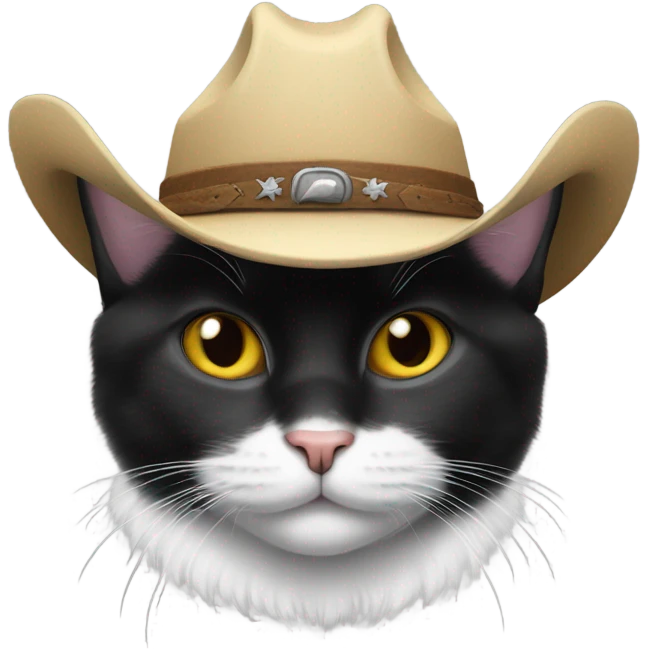 Black and white Manx cat with a cowboy hat emoji