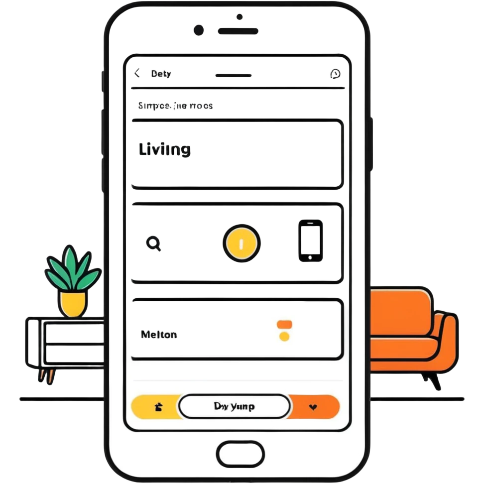 dating app swipe interface on phone but with living room designs instead of people profiles, with swipe left and right indicators emoji