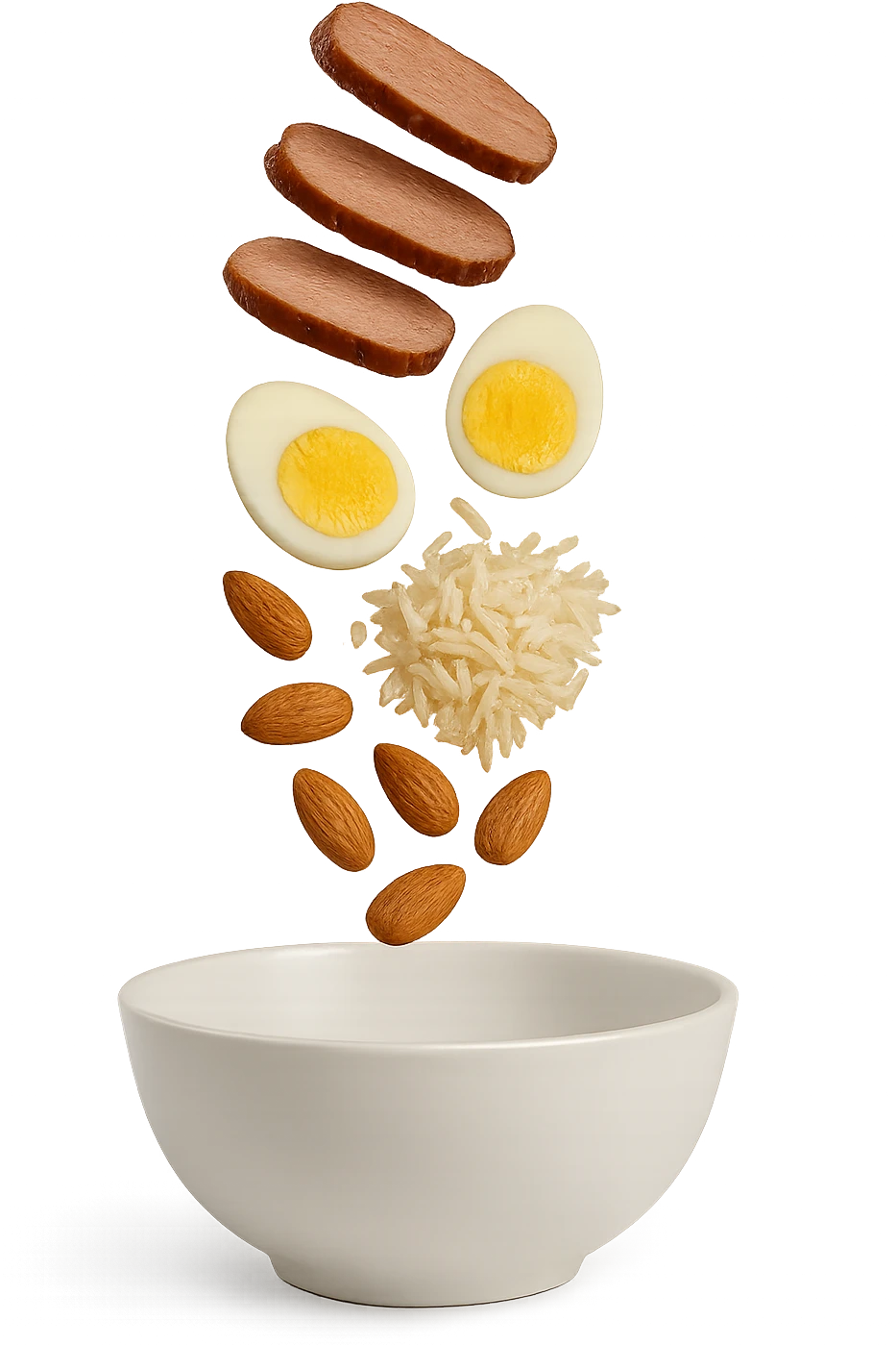 bowl bianca in cui cadono verticalmente fettine di carne, uova sode, mandorle e riso basmati emoji