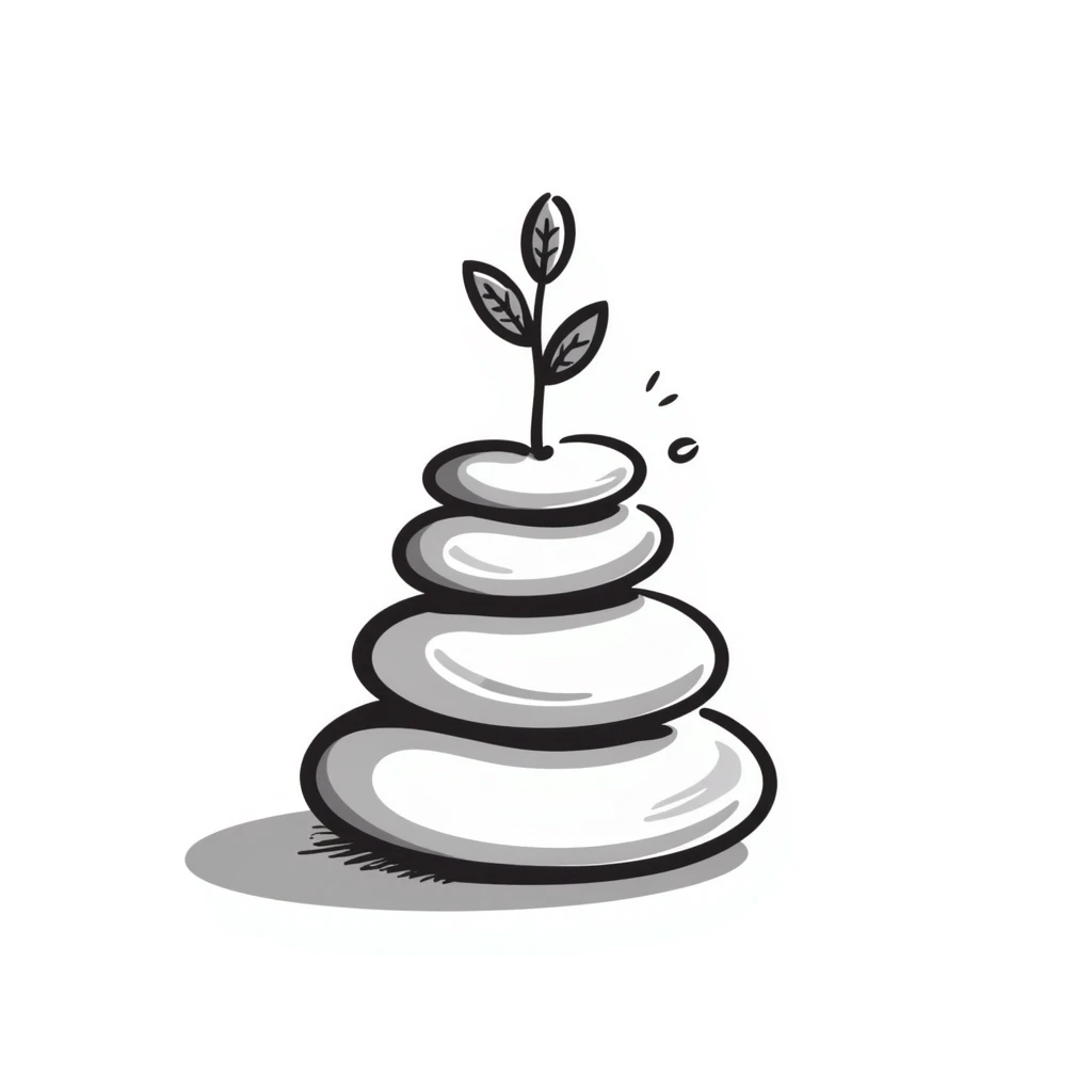 A zen-like balanced stack of smooth stones with a small plant growing beside it, representing balance and stress relief. Simple hand-drawn doodle style. emoji