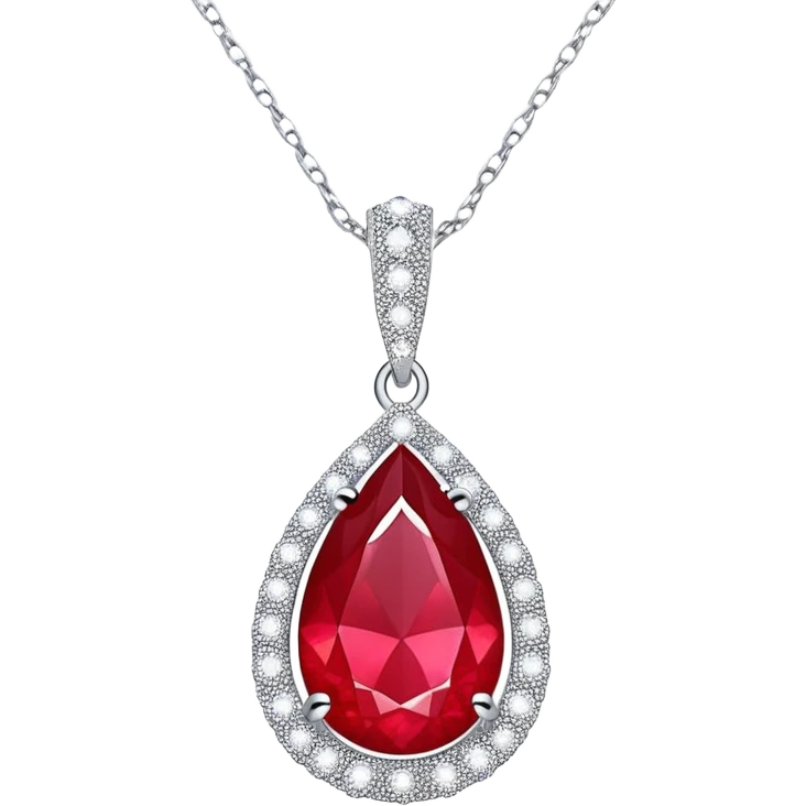 teardrop ruby pendant with silver chain, white stones, and glowing aura of passion emoji
