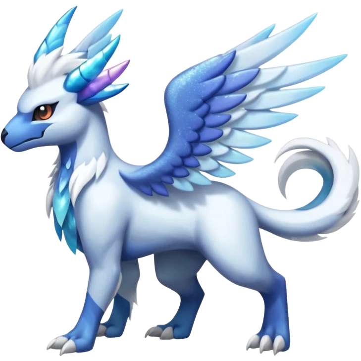 Icy Arctic Frost-Blue Pale-Shimmering Snow-Dusted Majestic Absol-Kyurem-Latios-Nargacuga-Meloetta-Latias-fusion-creature (full body) emoji