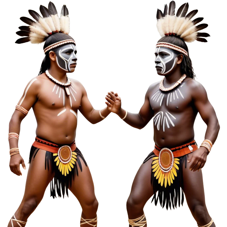 Cinematic Realistic scene of two indigenous male aboriginals performing an Aboriginal Corroboree, adorned in traditional body paint, A corroboree is an Australian Aboriginal ceremonial meeting. It usually includes celebration of Aboriginal mythology and spirituality, which is based in the Dreaming emoji