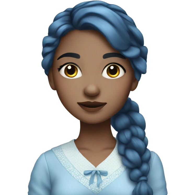 A beautiful light blue skinned girl who has dark blue hair that shines. She has freckles on her nose and wears a cottage dress. emoji
