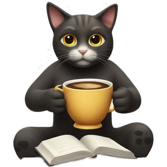 cat holding a cup of coffee and reading a book emoji