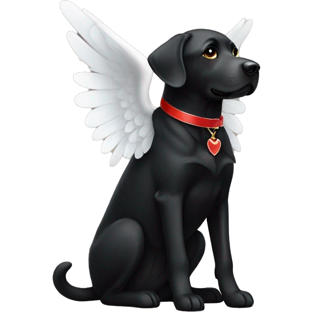 Black Labrador with red color and white angel wings. Dog sits show full body. emoji