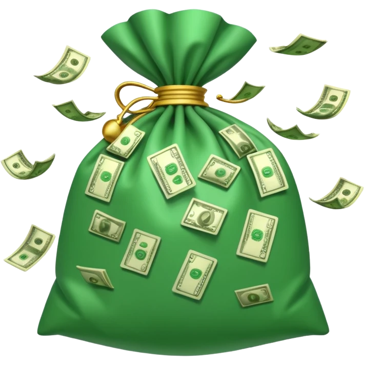

3D emoji style, big bag of money, flying dollar bills, rich casino vibe, smooth lighting, high detail, clean edges, transparent background



 emoji