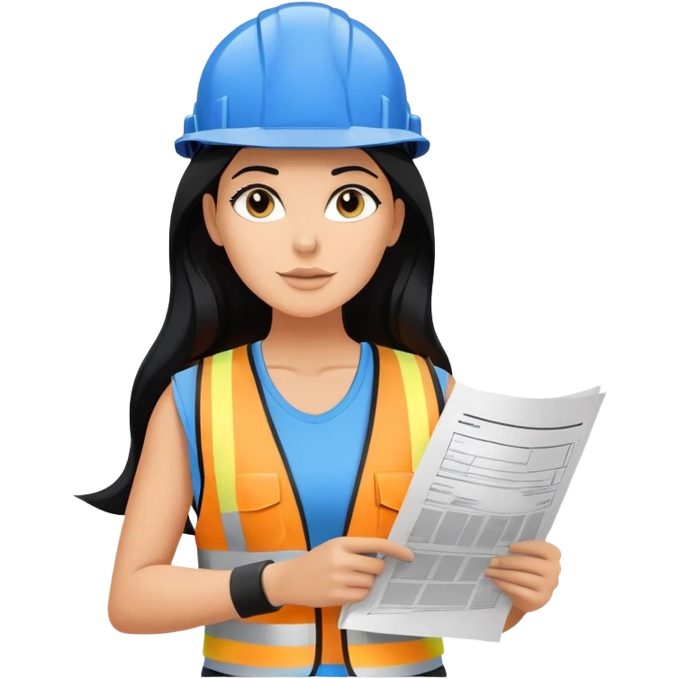 construction hat, blue print plan paper in hand, long black hair tanned woman, black sports bra, construction vest, sexy emoji