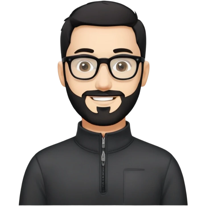 Fair-skinned man with very short buzzed black hair, short distinctly salt and pepper beard, large black-framed glasses, smiling, wearing black long sleeve quarter-zip shirt with visible zipper at collar emoji