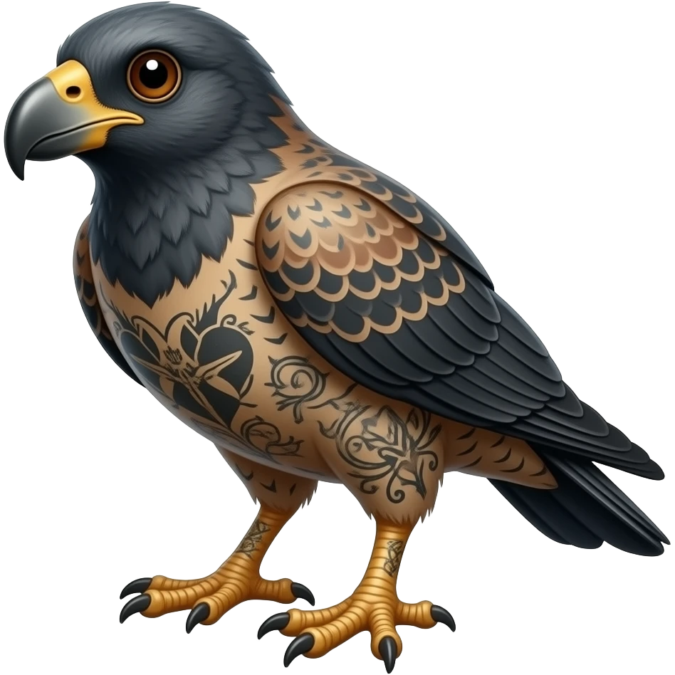 surrealistic - a plucked, tattooed wild bird with grown thick male feet like a Hobbit, shown at a 45 degree angle emoji