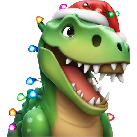 Dinosaur wrapped in Christmas lights with a Christmas hat emoji