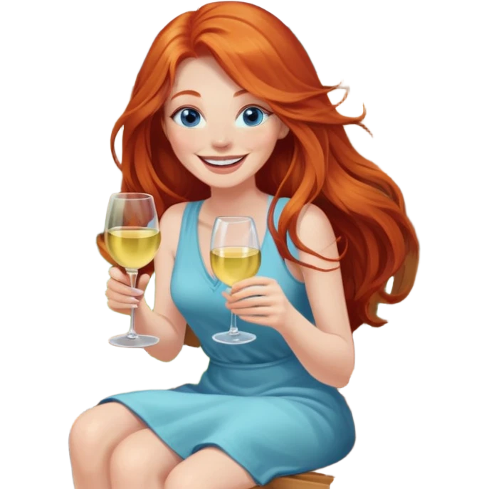 Laughing redhead with long hair and blue eyes holding white wine sitting in chair beside fire pit in backyard emoji