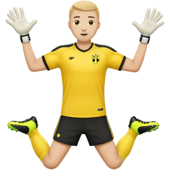 soccer goalkeeper yellow shirt, shorts football boots arms out emoji