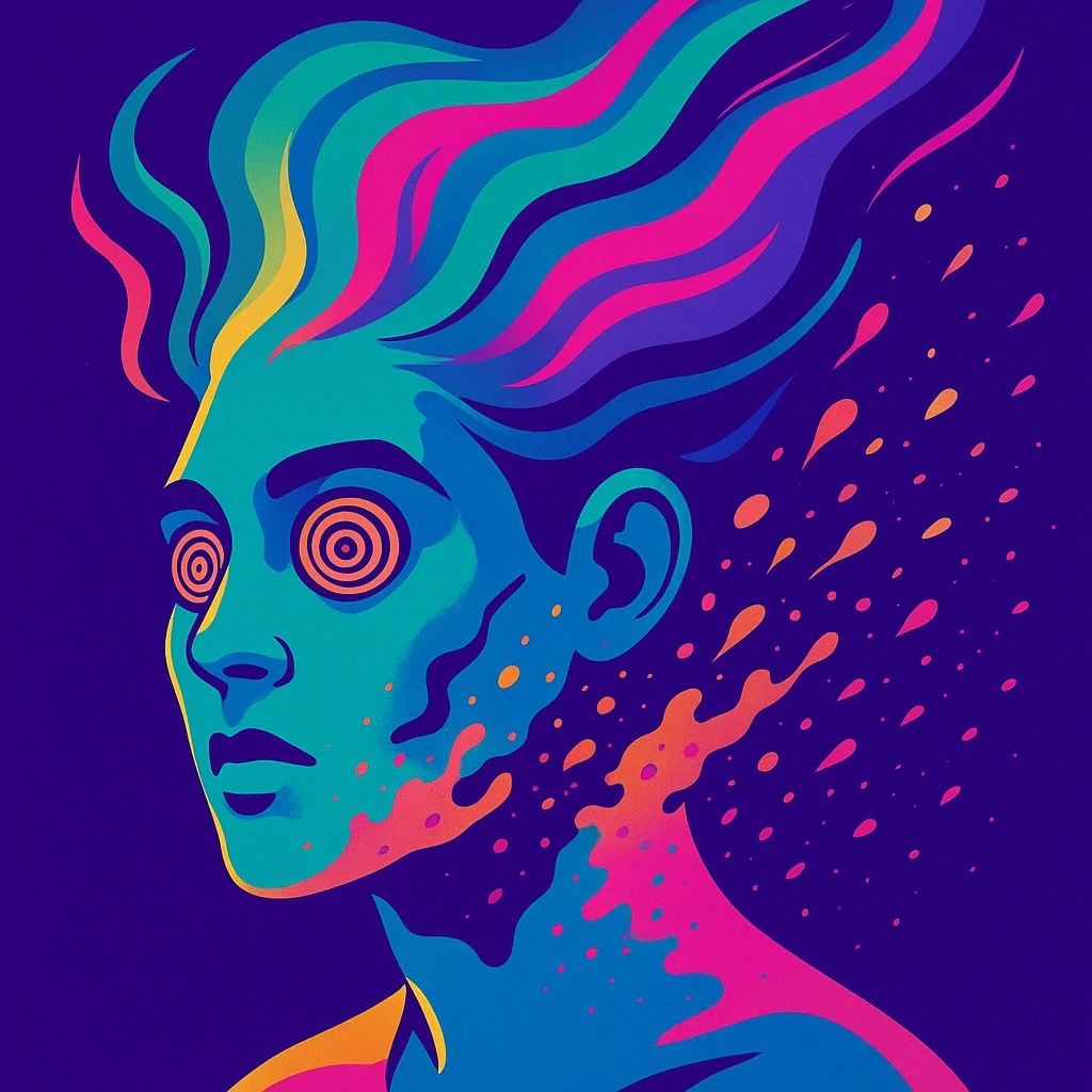 surreal portrait of a person with neon skin, face dissolving in an explosion of colors, airbrush effect, hair as swirling liquid color streams like northern lights, hypnotic spiral eyes, geometric elements along face contour, paint particles flying away, acid purple, turquoise, and electric pink blending, sense of movement emoji