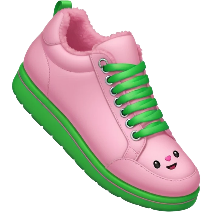 fluffy pink line with a smile and green shoes emoji