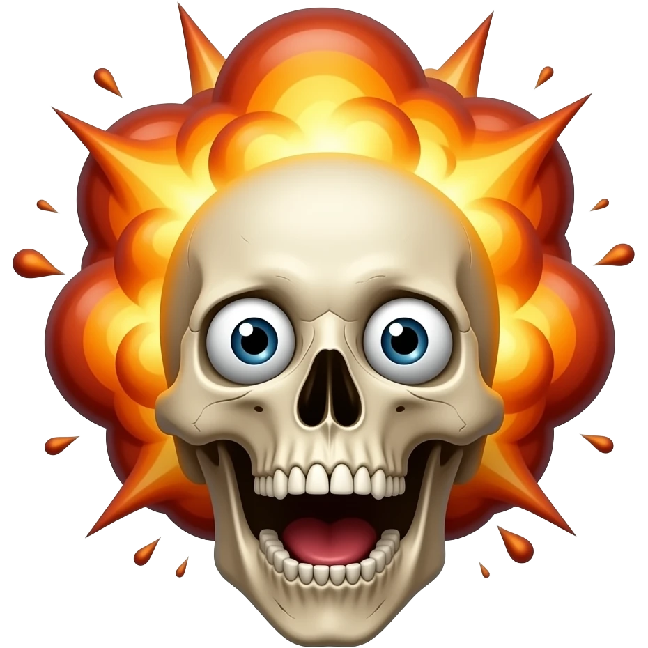 A very shocked skull used for edits like something crazy happen explosion  make his eyes looks shocking  make the explosion abit more realistic and make his mouth wide open and there's like an explosion on his head because of how shocking it is emoji