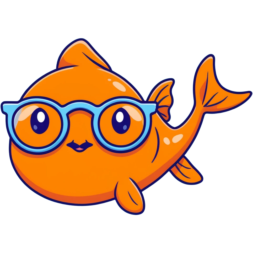 A funny orange goldfish with large glasses, making a goofy face emoji