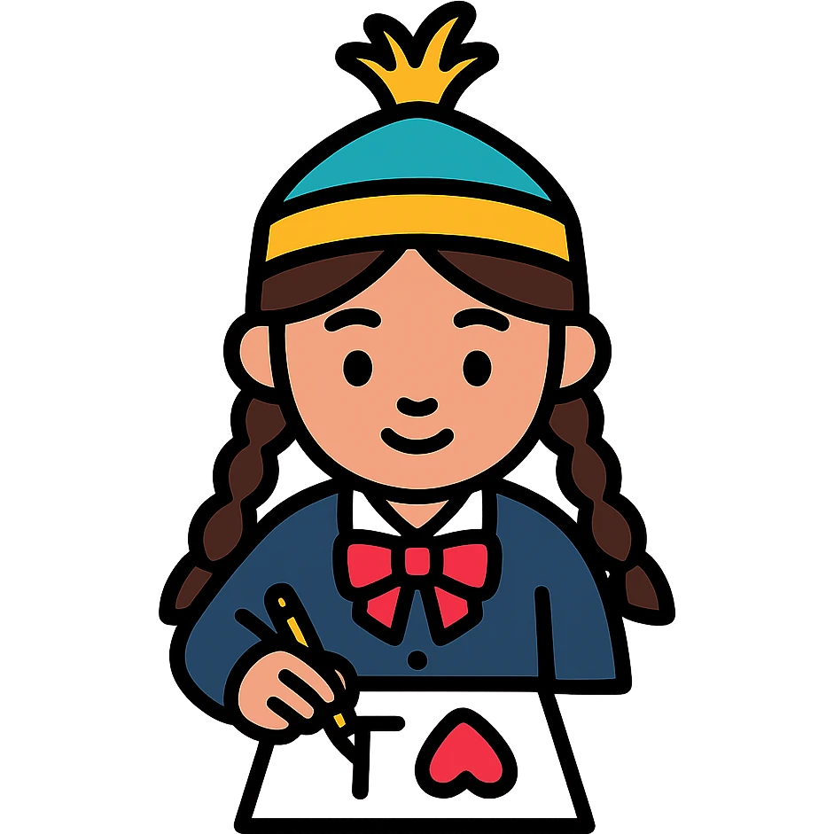 Kazakh girl in Korean foreign school uniform, drawing the letter T with a heart on a sheet of paper emoji