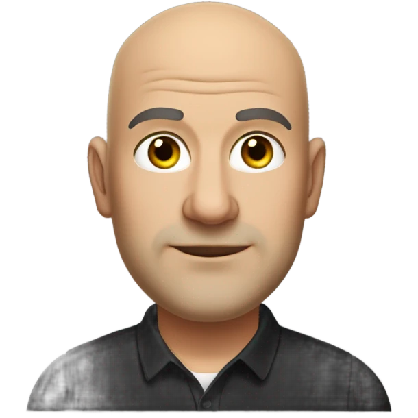 A slightly overweight middle-aged Italian man with olive-toned skin with bald hair and no facial hair. He is wearing a sleek black smart shirt, casually unbuttoned at the top. emoji