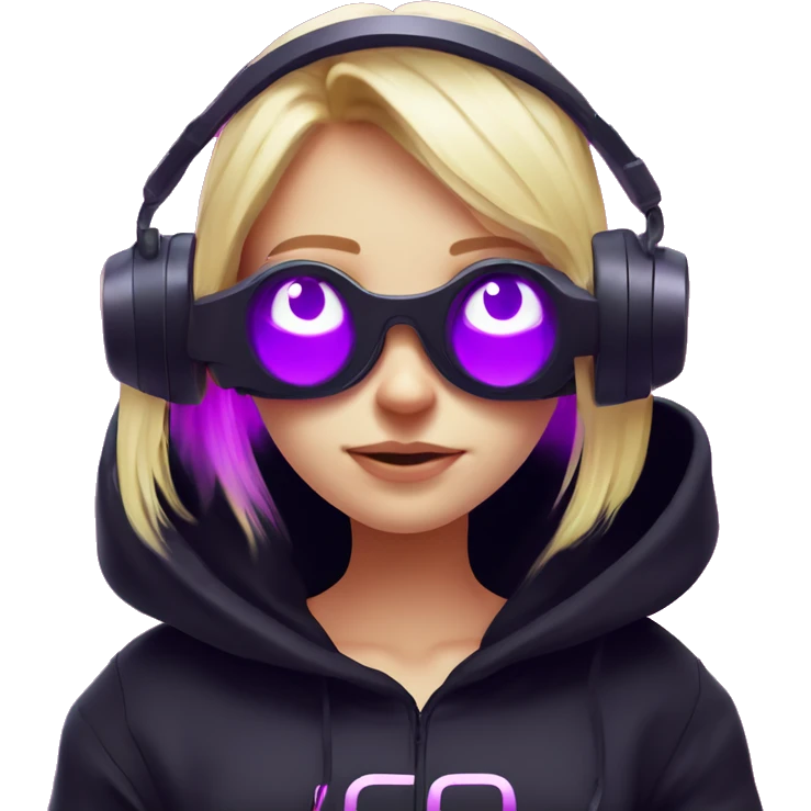 Russian cute blond student girl wearing black hoody with violet letters "OMG", in vr headset. No eyes. Cyberpunk style. Violet neon. emoji