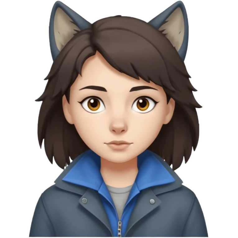Hobo tomboy with dark brown hair in a wolf cut style, brown eyes, dirty dark grey coat, blue-grey shirt. emoji