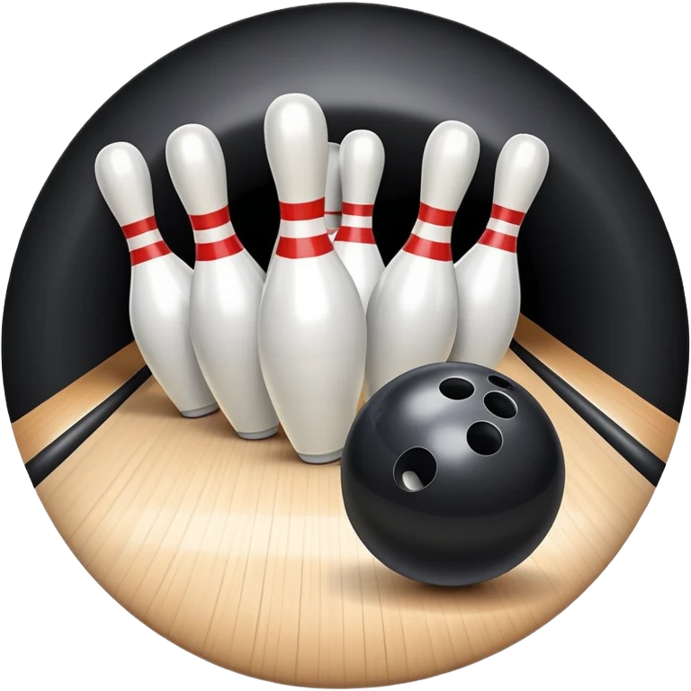 A bowling ball rolling down the lane towards a set of pins, with the pins poised to fall. The scene is set in a bowling alley with bright lights and a polished wooden floor, capturing the excitement and precision of the sport. emoji
