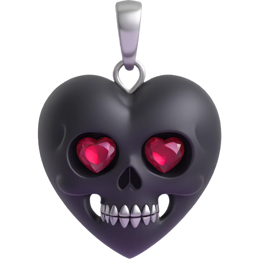 3D emoji gothic heart, black satin texture, silver skull charm, deep red gemstone emoji